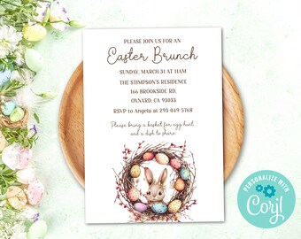 Easter Brunch Invitation, Editable Easter Egg Hunt Invite, Spring Celebration Template, Customizable Easter Brunch Template D002