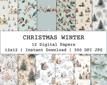 May include: A set of 12 digital papers with winter and Christmas designs. The papers showcase illustrations of birds, squirrels, cottages, and trees. The image text reads "CHRISTMAS WINTER". Each paper is 30.48 x 30.48 cm.