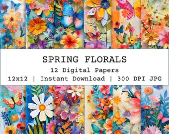 Bright Spring Floral Collage Digital Background Paper, Spring Digital Paper, Colorful Spring Florals Pattern, Junk Journal, Scrapbooking