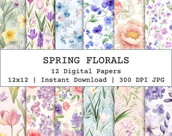 Motivo floreale primaverile senza soluzione di continuità, pacchetto di carte digitali cottagecore primaverili, motivi pastello senza soluzione di continuità per scrapbooking, diari, inviti