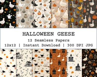 Halloween Geese Seamless Pattern, Halloween Geese Seamless Pattern Set, Whimsical Folk Halloween Pattern for Scrapbooking, Wrapping, Crafts