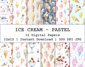 Ice Cream Seamless Pattern Bundle, Pastel Dessert Digital Paper for Scrapbook, Fabric, Crafts, Junk Journals, Wallpapers, Wrapping Paper