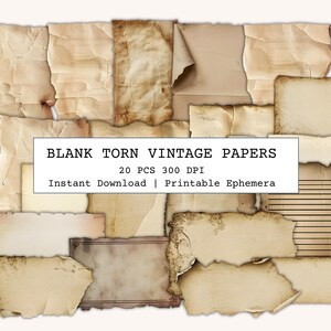 Peut inclure: Une collection de papiers vintage vierges et déchirés de différentes formes et tailles. Les papiers ont un aspect vieilli et usé avec des tons beiges et bruns. Le texte sur l'image indique : "BLANK TORN VINTAGE PAPERS" et "Instant Download | Printable Ephemera".