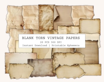 20 leere zerrissene Vintage-Papier, zerrissene Papiervorlage für Junk Journal Ephemera, bedruckbare Aufkleber Notizen, gealterte zerrissene Papierbögen DIY Handwerk