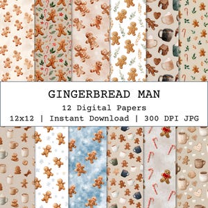 Puede incluir: Una colección de 12 papeles digitales con diseños de hombre de jengibre. Los papeles presentan varios patrones, incluyendo hombres de jengibre, tazas, bastones de caramelo y copos de nieve. El texto "GINGERBREAD MAN" se muestra encima de los papeles.