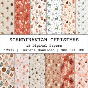 May include: A set of 12 digital papers with a Scandinavian Christmas theme. The papers showcase patterns of gift boxes, candles, deer, and botanical elements in beige, brown, and green hues. The text "SCANDINAVIAN CHRISTMAS" is visible.