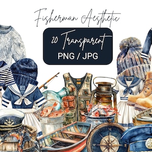 20 Fisherman Aesthetic Clipart, Nautical Watercolor PNG, Fishing & Maritime, Rustic JPG, Digital Download, Journals, Junk Journal, Printable