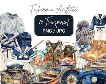 20 Fisherman Aesthetic Clipart, Nautical Watercolor PNG, Fishing & Maritime, Rustic JPG, Digital Download, Journals, Junk Journal, Printable