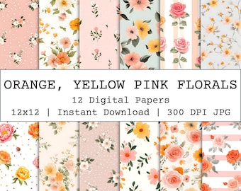 Pomarańczowo-różowo-żółty papier cyfrowy, bezszwowy wzór kwiatowy, bezszwowy wzór botaniczny w stylu vintage, tapeta do dziennika w stylu shabby chic, kwiatowe piwonie