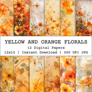 Orange Yellow Flowers Background Printable, Fall Watercolor Floral Digital Paper, Rustic Craft Paper, Junk Journal Pages, Autumn Vintage