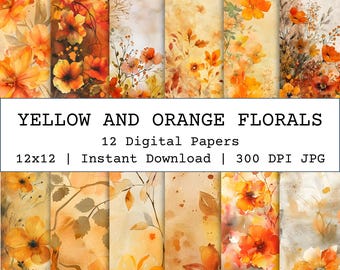 Orange Yellow Flowers Background Printable, Fall Watercolor Floral Digital Paper, Rustic Craft Paper, Junk Journal Pages, Autumn Vintage