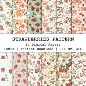 Strawberry Seamless Patterns Bundle, Shabby Chic Cottagecore Strawberries Digital Paper, Collage Patterns for Junk Journal, Crafting