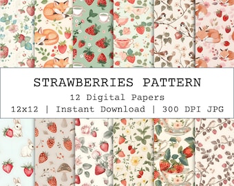 Strawberry Seamless Patterns Bundle, Shabby Chic Cottagecore Strawberries Digital Paper, Collage Patterns for Junk Journal, Crafting