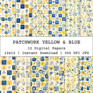 Può includere: Dodici carte digitali con un design patchwork giallo e blu, con motivi floreali e geometrici. Le carte misurano 30,48 x 30,48 cm e sono disponibili per il download immediato.