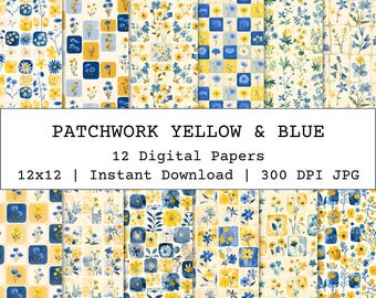 Patchwork Seamless Pattern, Blue Yellow Floral Pattern, Cottagecore Flowers Repeating Pattern, Scrapbook Paper, Fabric Designs