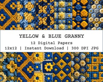 Seamless Blue Yellow Granny Knitted Pattern, 3D Floral Knit Paper, Realistic Fabric Design for Scrapbook, Crafts, Junk Journals, Wallpapers