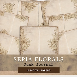 Shabby chic sepia bloemen ongewenste dagboekpagina's, vintage afdrukbaar dagboekpapier, oud papier, antieke bloemen plakboekkit, digitale download