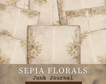 Shabby Chic Sepia Floral Junk Journal Pages, Vintage Printable Journal Paper, Aged Paper, Antique Floral Scrapbook Kit, Digital Download