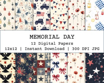Memorial Day Seamless Pattern Bundle, Vintage Patriotic Digital Papers, Decoration Day Paper Scrapbook, Crafts, Wallpapers, Instant Download