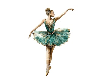 May include: A watercolour painting of a ballerina wearing a green and gold tutu. She is on pointe and her arms are outstretched.