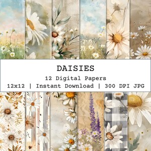 Daisy Digital Paper Bundle, Watercolor Daisies Scrapbook Paper, Shabby Chic Daisy Craft Paper for Junk Journal, Background, Commercial Use