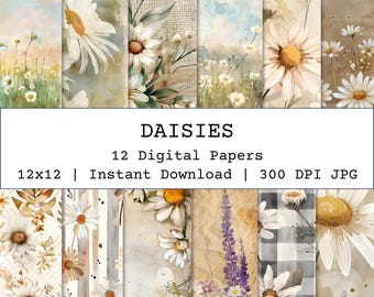Daisy Digital Paper Bundle, Watercolor Daisies Scrapbook Paper, Shabby Chic Daisy Craft Paper for Junk Journal, Background, Commercial Use