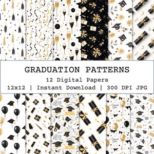 Graduation Seamless Pattern, Graduation Papers, Gold Black Patterns for Fabrics, 2026 Grad Digital Paper, Printable Grad Backgrounds