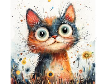 Floral Katze Clipart, Aquarell-Stil, Junk Journal Art (digitaler Download)