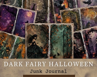 Dark Halloween Fairy Junk Journal Pages, Gothic Fairy Digital Papers Double Pages, Whimsical Witch Scrapbook Paper, Fantasy Printable Papers