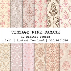 Vintage Pink Digital Paper, Damask Digital Paper, Seamless Antique Wallpaper Pattern, Vintage Junk Journal Paper, Pale Pink Scrapbook Paper