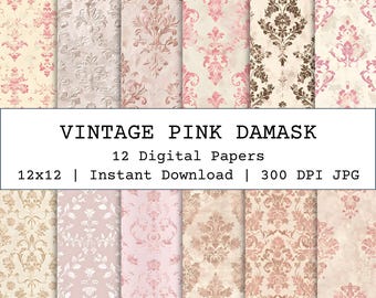 Vintage Pink Digital Paper, Damask Digital Paper, Seamless Antique Wallpaper Pattern, Vintage Junk Journal Paper, Pale Pink Scrapbook Paper