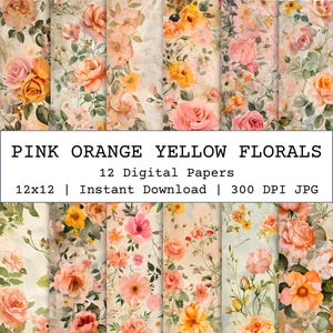 Papel floral para scrapbook laranja rosa amarelo, papel vintage para impressão de primavera, papel rústico para artesanato, páginas de diário envelhecidas