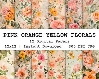 Floral Scrapbook Paper Orange Pink Yellow, Vintage Spring Printable Paper, Rustic Craft Paper, Aged Junk Journal Pages