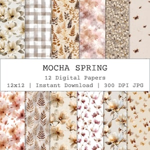Peut inclure: Ensemble de 12 papiers numériques sur le thème "Mocha Spring". Les papiers présentent des motifs floraux, de feuilles et abstraits dans des tons marron, beige et rose. Les papiers mesurent 30,48 x 30,48 cm.