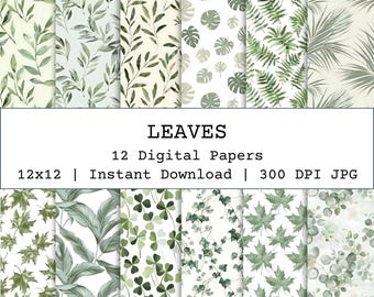 Leaves Seamless Pattern Bundle, Green Leaves Paper, Botanical Seamless Pattern for Fabric, Crafts, Junk Journals, Wallpapers, Wrapping Paper