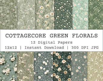 Cottagecore Seamless Pattern Green Florals, Daisies and Roses Digital Paper, Small Floral Patterns Fabric Textures, Patterns for wall paper