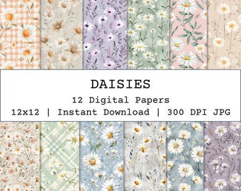 Zestaw bezszwowych wzorów kwiatowych ze stokrotkami, cyfrowy papier akwarelowy z kwiatami stokrotek, styl shabby chic, dziennik śmieciowy, tapeta, album ze zdjęciami, opakowanie