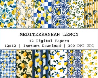 Mediterranean Lemon Digital Paper, Blue Yellow Lemon Seamless Pattern, Amalfi Coast Scrapbook Paper, Fabric Designs