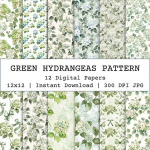 Pode incluir: Uma coleção de 12 papéis digitais com padrões de hortênsias verdes. Os designs incluem vários arranjos de flores e folhas de hortênsias verdes e brancas. O texto "GREEN HYDRANGEAS PATTERN" é exibido em uma faixa branca.