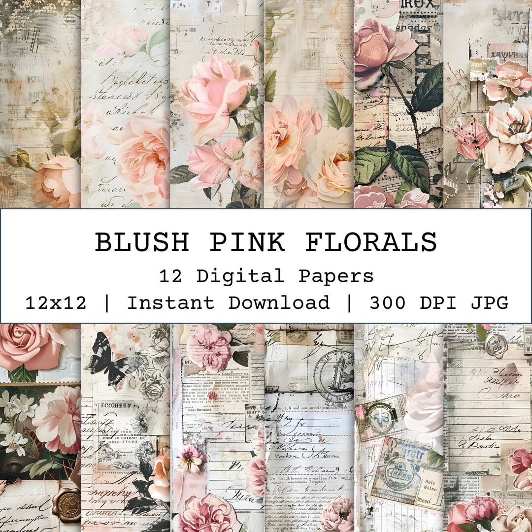 Pink Roses College Blush Floral Digital Paper, Pastel Pink Roses Collage Paper, Roses ...