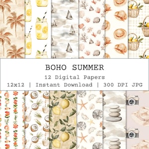 Boho Beach Seamless Pattern Bundle, Summer Seamless Digital Paper, Neutral Beach Picnic Scrapbooking, Crafts, Wallpaper, Wrapper Background