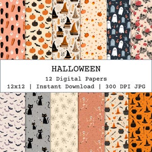 Può includere: Una collezione di 12 carte digitali a tema Halloween. I motivi includono zucche, pipistrelli, fantasmi, cappelli da strega, teschi e bare. Il testo "HALLOWEEN" è visualizzato.
