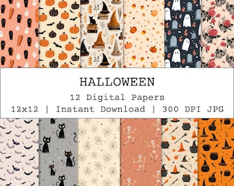 Könnte beinhalten: Eine Sammlung von 12 digitalen Papieren zum Thema Halloween. Die Muster umfassen Kürbisse, Fledermäuse, Geister, Hexenhüte, Totenköpfe und Särge. Der Text "HALLOWEEN" wird angezeigt.