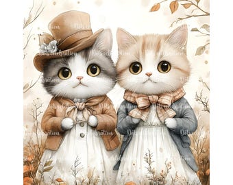 Watercolor Cats Clipart, Victorian Outfit Illustrations (Digital Download JPG)