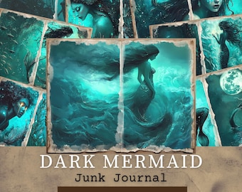 Dark Mermaid Junk Journal Pages, Mystical Ocean Digital Papers, Whimsical Teal Underwater Scrapbook Kit, Fantasy Sea Ephemera