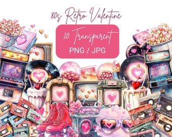 25 Retro 80s Valentine's Clipart, 80s Aesthetic Valentine PNG, Neon Aesthetic JPG, Digital Download, Journals, Junk Journal, Printable