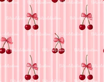 Cherry Coquette Seamless Pattern, Striped Summer Digital Paper for Scrapbooking, Fabric and Crafts, Cherry Spring Design