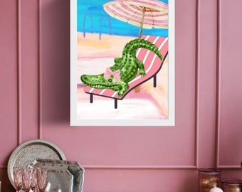 Digital Printable Art, Girly Alligator Trendy Wall Art Poster, Coquette Lizard Time Print