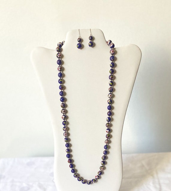 Blue Cloisonné Jewelry Set, Dark Blue Pink Flower… - image 5
