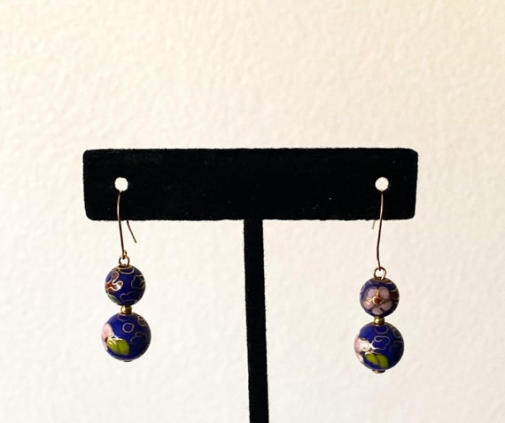 Blue Cloisonné Jewelry Set, Dark Blue Pink Flower… - image 4